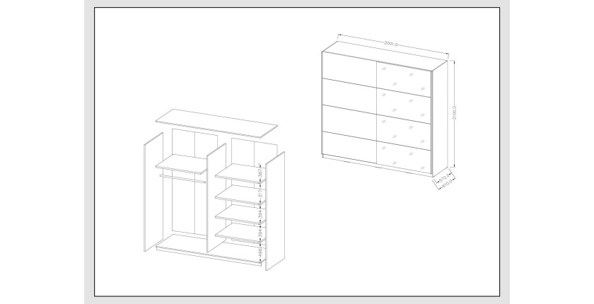 Armoire design 200cm. 2 portes avec miroirs modulables. Couleur blanc mat. Collection EOS