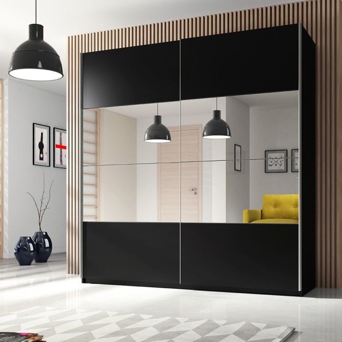 Armoire design 2 mètres. 2 portes avec miroirs modulables. Couleur noir mat. Collection EOS