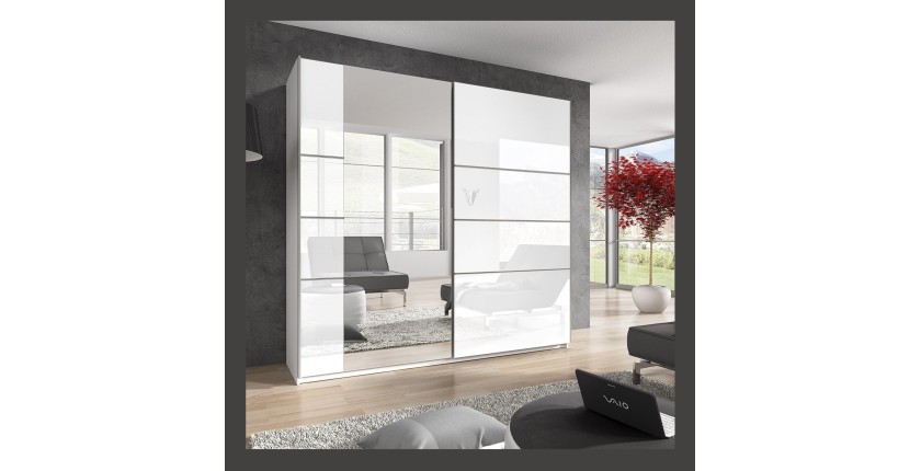 Armoire design 2 portes 200 cm avec miroir. Couleur blanc brillant. Collection EOS