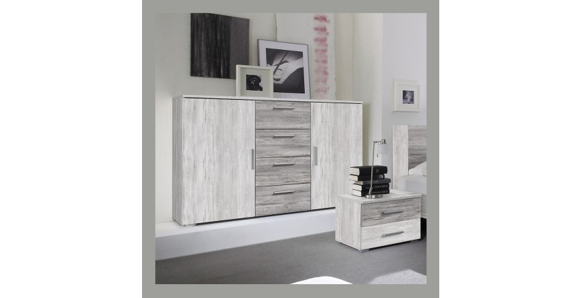 Commode 2 portes et 4 tiroirs 130cm. Collection IRINA imitation bois gris clair et gris foncé.