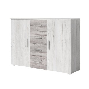 Commode 2 portes et 4 tiroirs 130cm. Collection IRINA imitation bois gris clair et gris foncé.