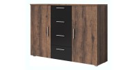 Commode 2 portes et 4 tiroirs 130cm. Collection IRINA imitation chêne foncé et noir.