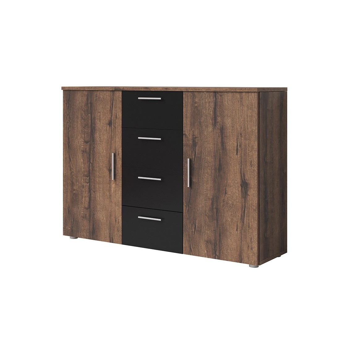 Commode 2 portes et 4 tiroirs 130cm. Collection IRINA imitation chêne foncé et noir.