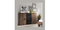 Commode 2 portes et 4 tiroirs 130cm. Collection IRINA imitation chêne foncé et noir.