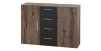 Commode 2 portes et 4 tiroirs 130cm. Collection IRINA imitation chêne foncé et noir.