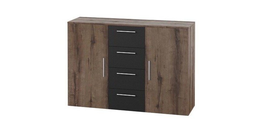 Commode 2 portes et 4 tiroirs 130cm. Collection IRINA imitation chêne foncé et noir.