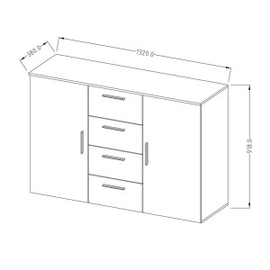 Commode 2 portes et 4 tiroirs 130cm. Collection IRINA imitation chêne foncé et noir.
