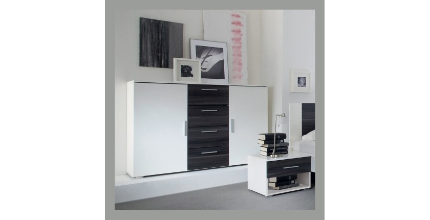 Commode design 2 portes et 4 tiroirs 130cm. Collection IRINA coloris blanc et gris anthracite.