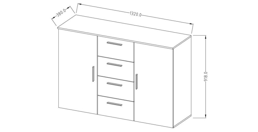 Commode design 2 portes et 4 tiroirs 130cm. Collection IRINA coloris blanc et gris anthracite.