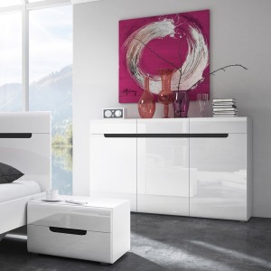 Commode design LUCIA, 3 portes et 3 tiroirs. Coloris blanc brillant et noir