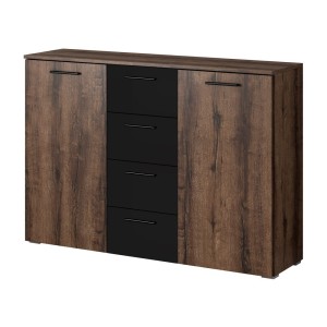 Commode design 2 portes et 4 tiroirs 130cm. Collection EOS coloris chêne foncé et noir