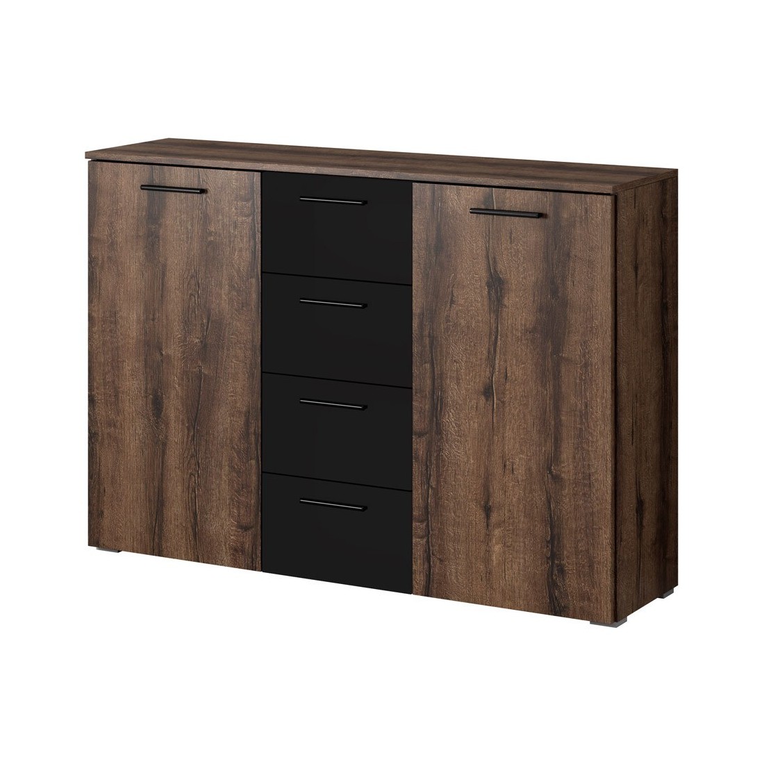 Commode design 2 portes et 4 tiroirs 130cm. Collection EOS coloris chêne foncé et noir