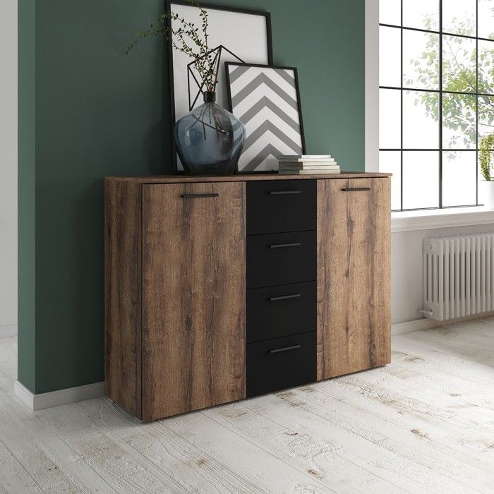 Commode design 2 portes et 4 tiroirs 130cm. Collection EOS coloris chêne foncé et noir
