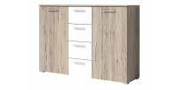 Commode design 2 portes et 4 tiroirs 130cm. Collection EOS coloris chêne clair et blanc