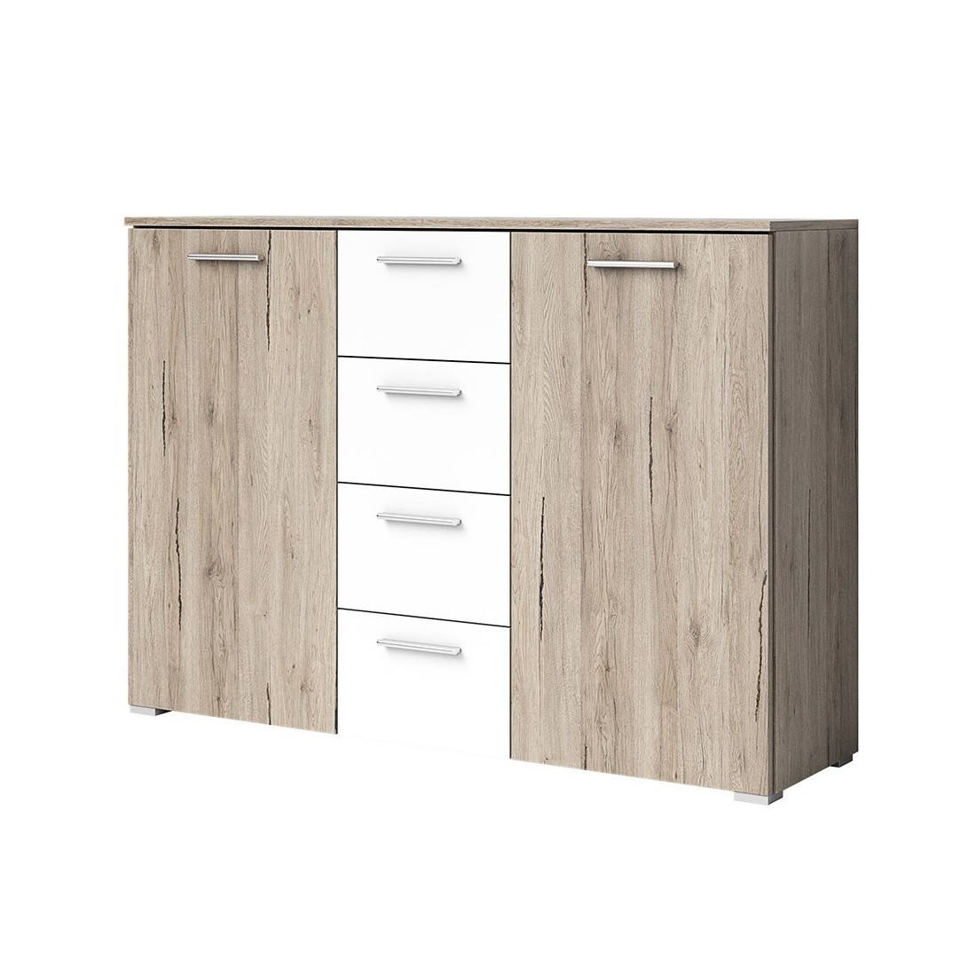 Commode design 2 portes et 4 tiroirs 130cm. Collection EOS coloris chêne clair et blanc