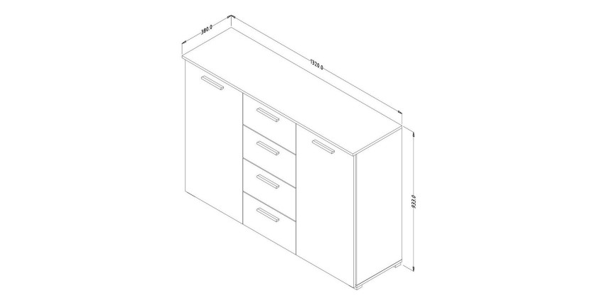 Commode design 2 portes et 4 tiroirs 130cm. Collection EOS coloris chêne clair et blanc