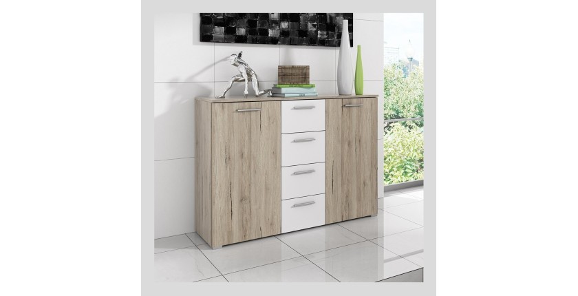Commode design 2 portes et 4 tiroirs 130cm. Collection EOS coloris chêne clair et blanc