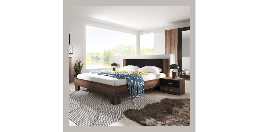 Lit adulte 160x200 collection IRINA. Chevets intégrés. Coloris chêne foncé et noir