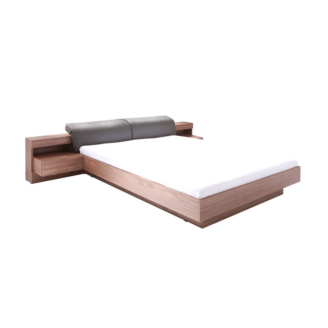 Lit double180x200 effet noyer collection RENATO avec sommier et tables de chevet intégrées