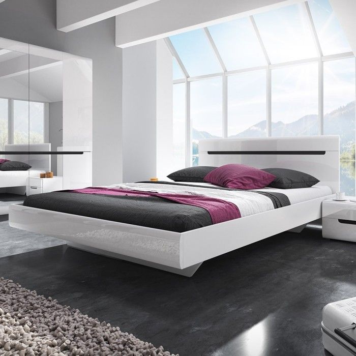 Lit adulte design 160x200 collection LUCIA. Coloris blanc brillant.