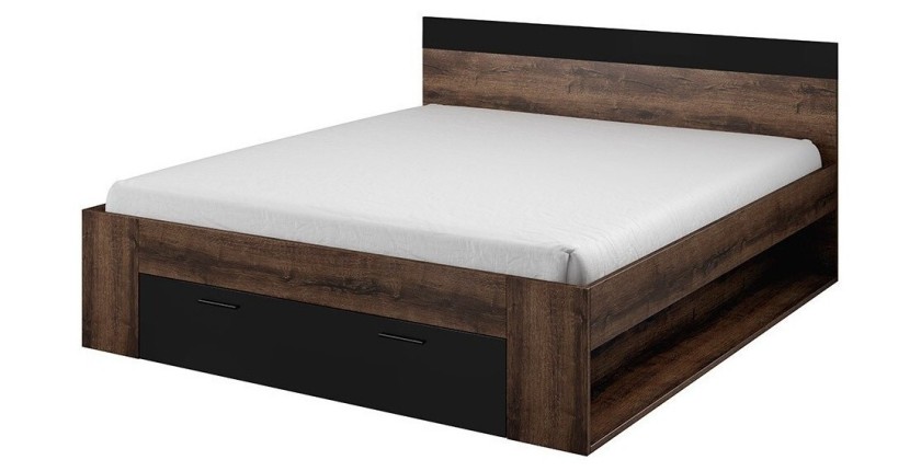 Lit adulte 180x200 avec tiroirs intégrés - Collection EOS. Coloris chêne foncé et noir