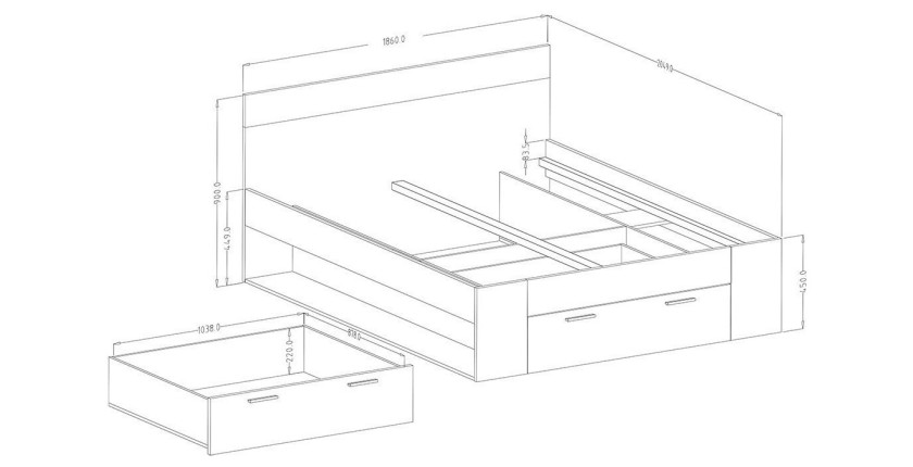 Lit adulte 180x200 avec tiroirs intégrés - Collection EOS. Coloris chêne foncé et noir