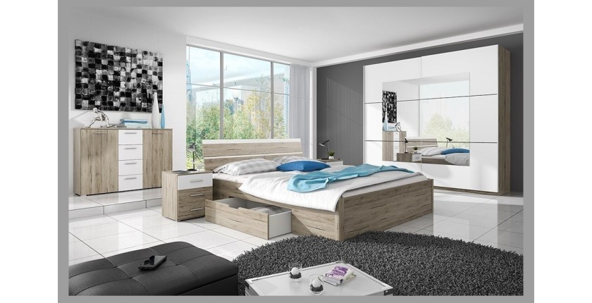 Lit adulte 160x200 avec tiroirs intégrés - Collection EOS. Coloris chêne clair et blanc