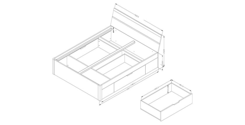 Lit adulte 160x200 avec tiroirs intégrés - Collection EOS. Coloris chêne clair et blanc