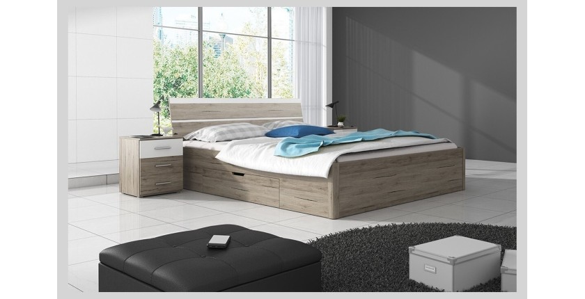 Lit adulte 160x200 avec tiroirs intégrés - Collection EOS. Coloris chêne clair et blanc
