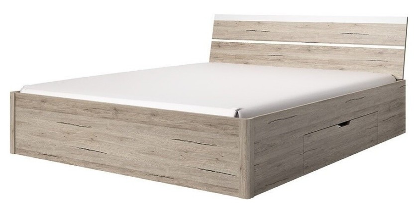 Lit adulte 180x200 avec tiroirs intégrés - Collection EOS. Coloris chêne clair et blanc