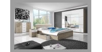 Lit adulte 180x200 avec tiroirs intégrés - Collection EOS. Coloris chêne clair et blanc