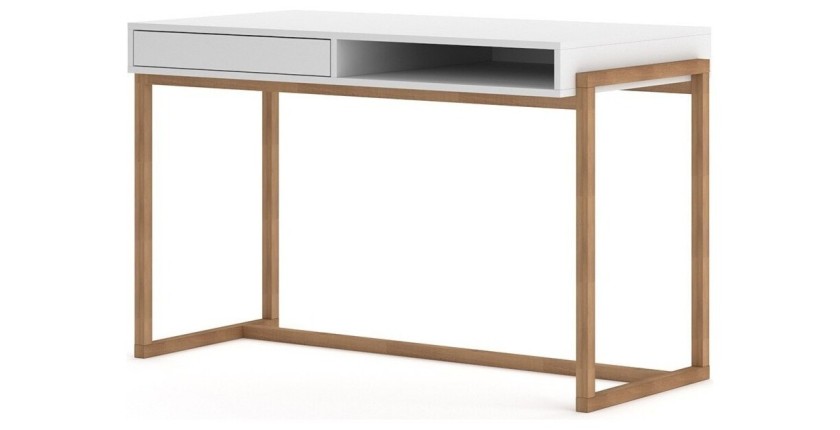 Bureau GEILO style scandinave 1 tiroir et 1 niche coloris blanc et hêtre