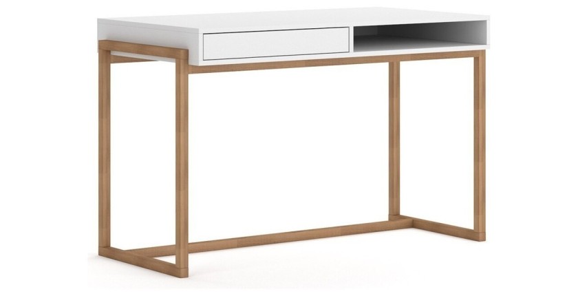 Bureau GEILO style scandinave 1 tiroir et 1 niche coloris blanc et hêtre