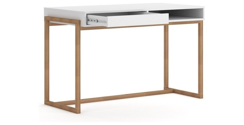 Bureau GEILO style scandinave 1 tiroir et 1 niche coloris blanc et hêtre