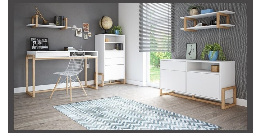 Bureau GEILO style scandinave 1 tiroir et 1 niche coloris blanc et hêtre