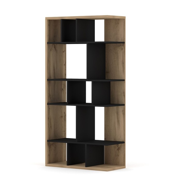 Bibliothèque design NOE, 13 niches, coloris noir mat et chêne.