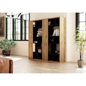 Bibliothèque design NOE, 13 niches, coloris noir mat et chêne.