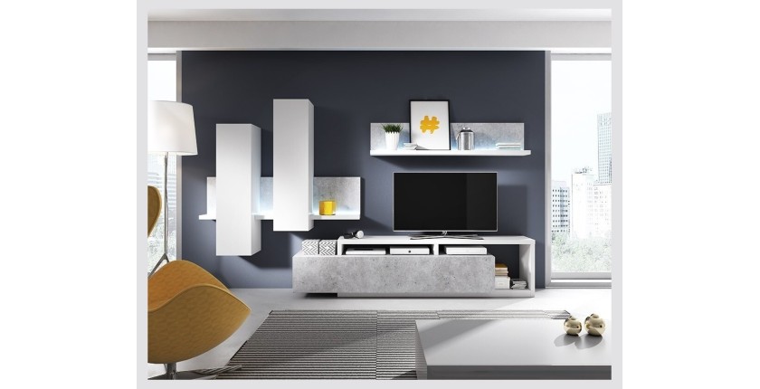 Étagère murale design 150cm coloris blanc et gris effet béton. Collection BERGAME.