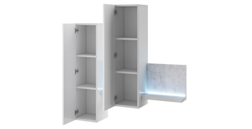 Composition murale design 152cm blanche et effet béton + LED. Collection BERGAME.