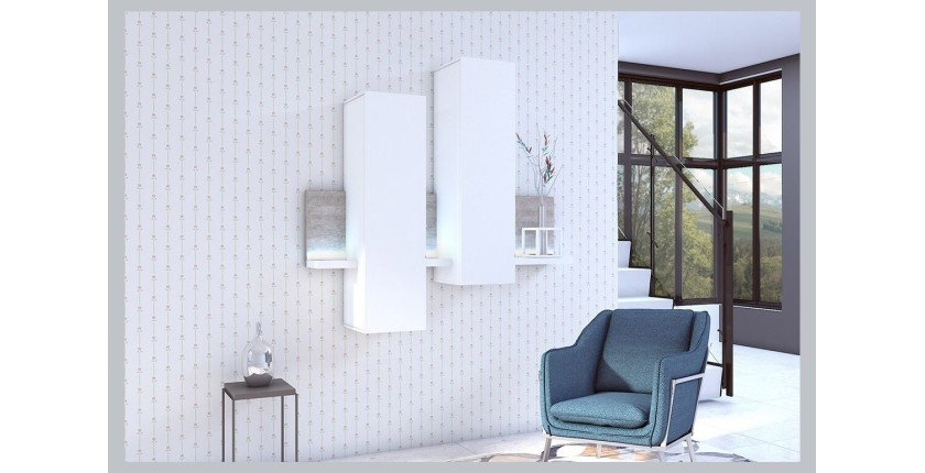 Composition murale design 152cm blanche et effet béton + LED. Collection BERGAME.