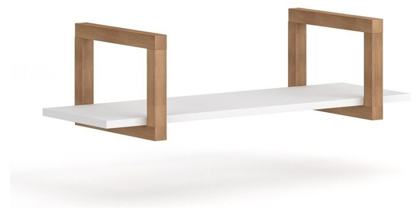 Étagère murale design 80cm coloris blanc et hêtre. Collection GEILO.