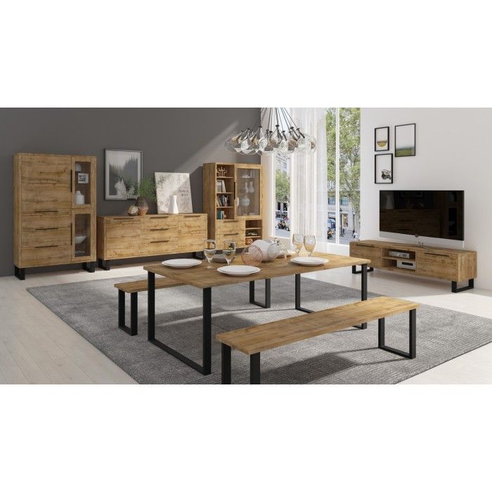 Buffet, bahut, enfilade MILO deux portes, trois tiroirs. Coloris chêne avec finition noire. Style industriel.