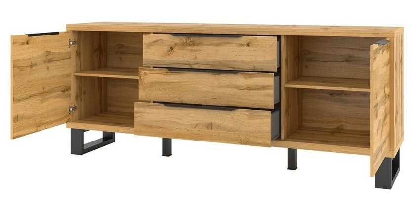 Buffet, bahut, enfilade MILO deux portes, trois tiroirs. Coloris chêne avec finition noire. Style industriel.