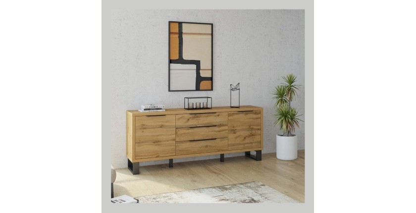 Buffet, bahut, enfilade MILO deux portes, trois tiroirs. Coloris chêne avec finition noire. Style industriel.