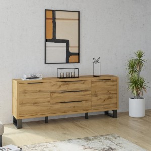 Buffet, bahut, enfilade MILO deux portes, trois tiroirs. Coloris chêne avec finition noire. Style industriel.