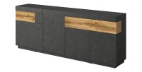 Buffet, bahut, enfilade KILES trois portes, deux tiroirs. Coloris gris anthracite et chêne. Style design.