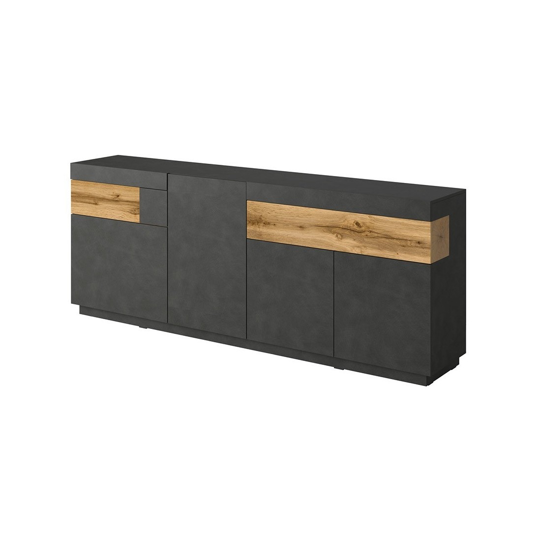Buffet, bahut, enfilade KILES trois portes, deux tiroirs. Coloris gris anthracite et chêne. Style design.