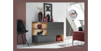 Buffet, bahut, enfilade KLIS trois portes et trois niches. Coloris gris anthracite et chêne. Style design.