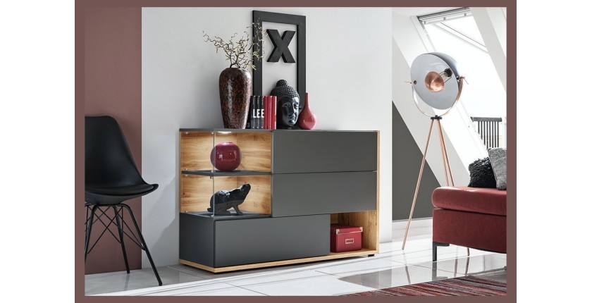 Buffet, bahut, enfilade KLIS trois portes et trois niches. Coloris gris anthracite et chêne. Style design.