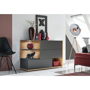 Buffet, bahut, enfilade KLIS trois portes et trois niches. Coloris gris anthracite et chêne. Style design.